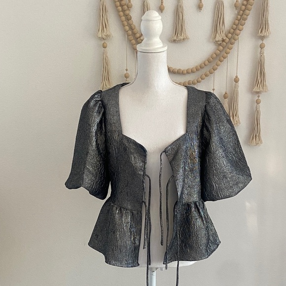 H&M silver metallic tie front top bubble sleeve blouse peplum pewter medium - Picture 5 of 17